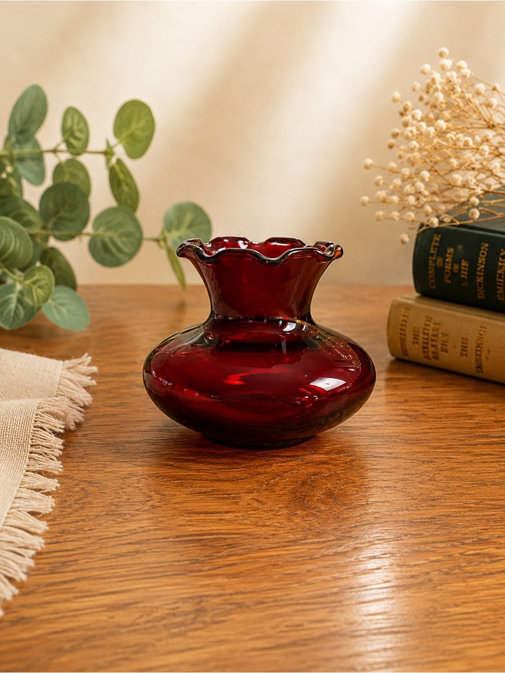 Vintage Anchor Hocking Royal Ruby Bud Vase | Small Ruby Red Glass Vase | Ruffled